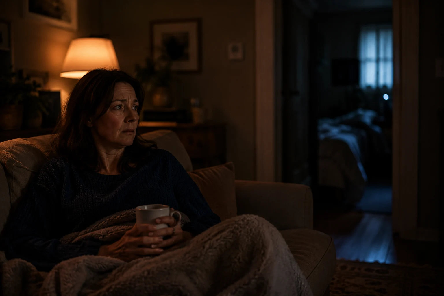 Woman on the sofa at night glancing warily toward the bedroom