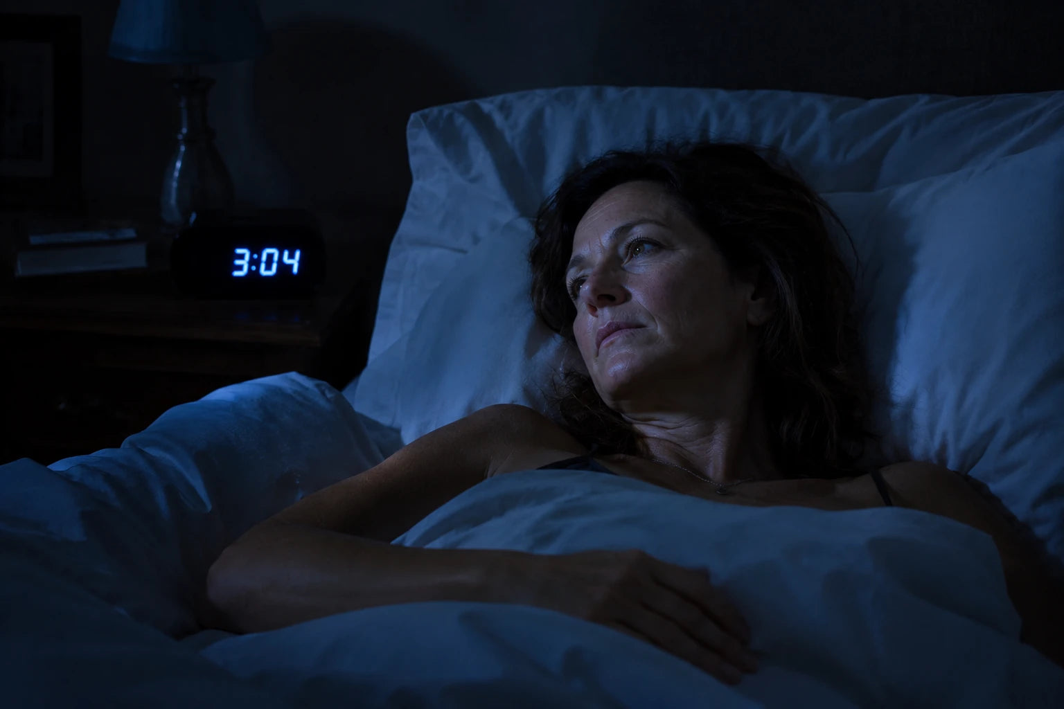 Woman awake in a dark bedroom, clock reading 3AM