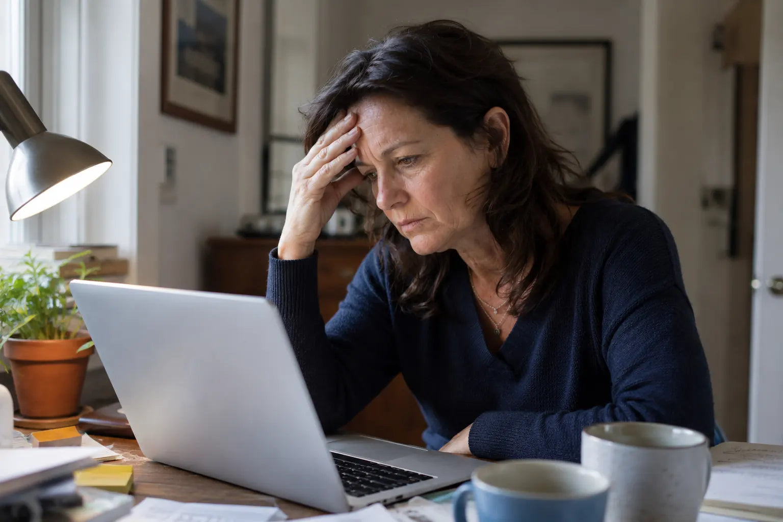 Woman at a laptop, hand on forehead, re-reading the screen