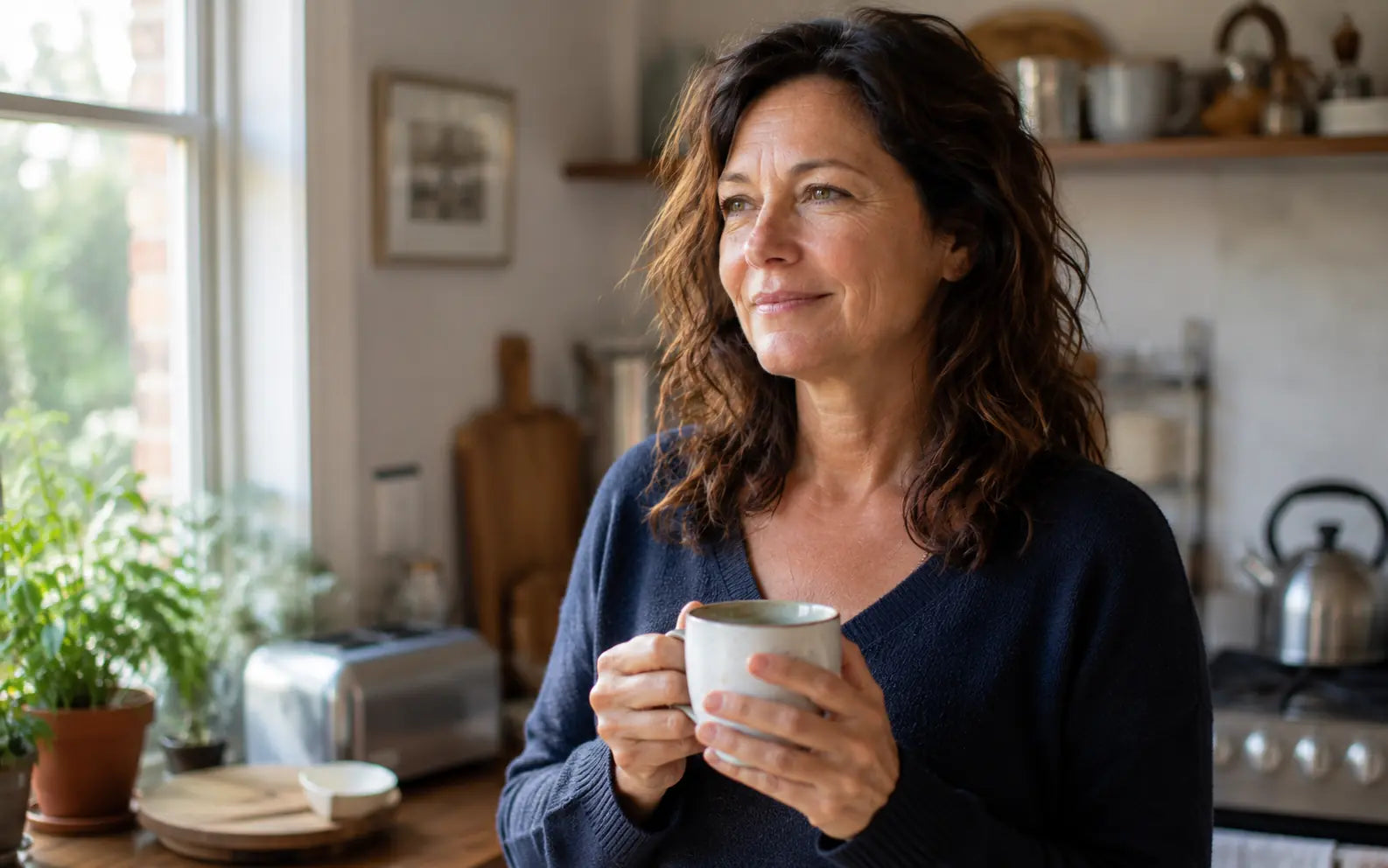 Woman in a bright morning kitchen, alert with one coffee