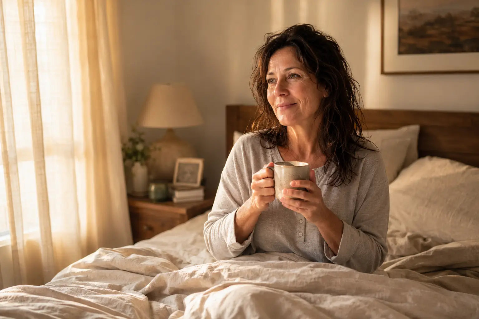 Woman sitting up in bed at dawn with a warm mug, rested